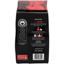 Dark & Bold espresso roast ground coffee bag, story and barcode on rear.