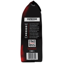 Dark espresso roast ground coffee bag, back panel with roast notes and barcode.