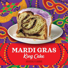 Community Mardi Gras King Cake ground coffee bag front with King Cake slice on plate