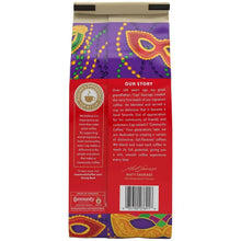 Ground coffee bag back panel with story text and nutrition barcode