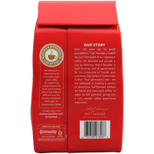 Red ground coffee bag back panel with brand story and barcode.