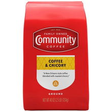 Red ground coffee and chicory bag with Community Coffee logo and net wt 40 oz.