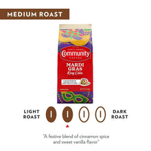 Community Mardi Gras King Cake ground coffee bag, medium roast label