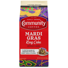 Ground coffee bag, Community Mardi Gras King Cake, red and purple festive design