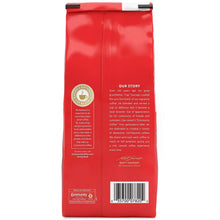 Red Community Coffee ground coffee bag back panel with story and barcode.
