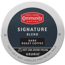 Coffee pod lid: Community Coffee Signature Blend Dark Roast, Keurig, hot cool before peeling.
