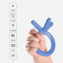 Blue silicone baby teether held in a hand beside certification icon panel