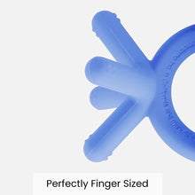 Blue silicone baby teether with five finger-shaped grip prongs