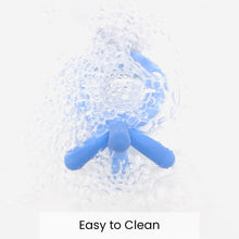 Blue silicone baby teether with textured biting surface and finger-like arms