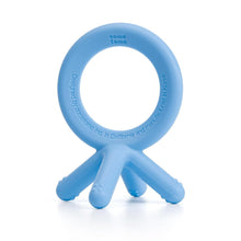 Blue silicone baby teether ring with three finger grips and raised nubs