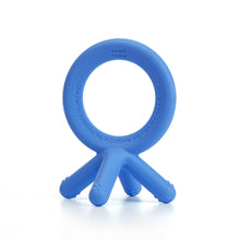 Blue silicone baby teether ring with three foot grips and handle tabs