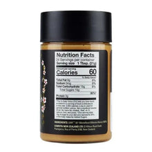 Manuka honey jar back with Nutrition Facts label and black lid.