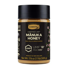 Certified Manuka honey jar with black lid and UMF 18+ label, 17.6 oz.
