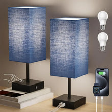 Navy blue fabric table lamps with black bases, set of two