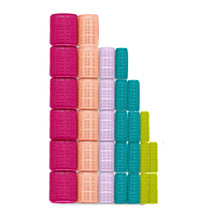 Assorted self-grip hair rollers, multicolor pink peach purple teal green blocks
