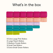 Assorted self-grip hair rollers arranged in rows, multicolor pink peach purple teal green