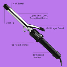 Instant heat curling iron, multi-layer barrel and Turbo Heat button detail