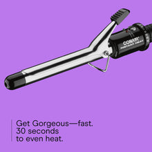 Instant heat curling iron with long silver barrel and adjustable clamp stand