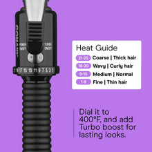 Instant heat curling iron with heat dial and Turbo button on black housing