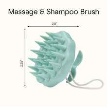 Mint green massage and shampoo brush with soft bristles and pull-cord loop