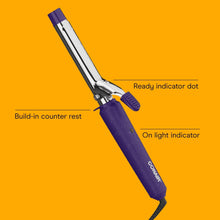 Purple curling iron with indicator dot and built-in counter rest feature.