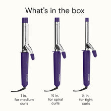 Three-pack curling iron set with purple barrels and handles, shown on white card.