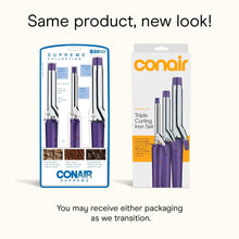 Triple curling iron set packaging with three purple irons and brand name Conair.