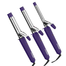 Three curling irons side by side with purple handles and clear heating barrels.
