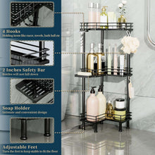 Corner shower caddy with 4 hooks, soap holder, safety bar, and adjustable feet