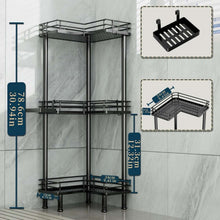 Corner shower caddy organizer with three shelves and shown height dimensions