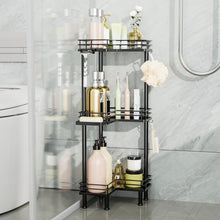 Corner shower caddy with three metal tiers, soap holder, and hanging loofah