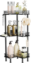 Corner shower caddy with three shelves, soap holder, and hooks for bath accessories