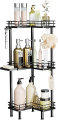 Consumest Corner Shower Caddy Standing - 3-Tier Stainless Steel Shower Organizer with Soap Holder and 4 Hooks, Large Capacity Corner Shelf Stand for Bathroom, Rest Room