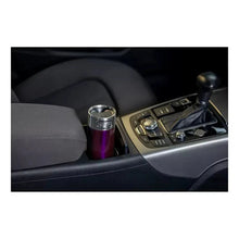 Dark plum insulated travel mug in a car cupholder with lid closed