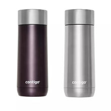 Pair of insulated travel mugs, one dark plum and one stainless steel, with lids