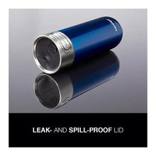 Blue insulated travel mug with stainless steel lid and base, shown from side