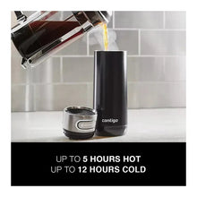 Dark plum insulated travel mug with matching lid, standing upright