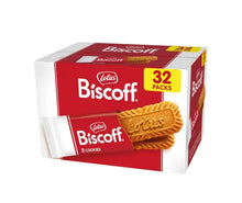 Lotus Biscoff cookie box with 32 packs and two-cookie pack