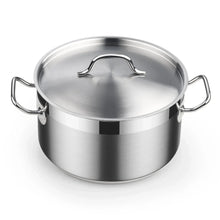 Stainless steel dutch oven pot with lid and side handles, front view