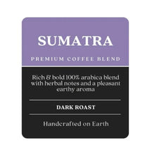Sumatra premium coffee blend pod label card showing dark roast details