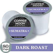 Sumatra dark roast coffee pods, two sealed cups with branded lids