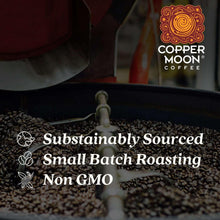 Coffee beans with Copper Moon coffee bag and roasting-themed backdrop