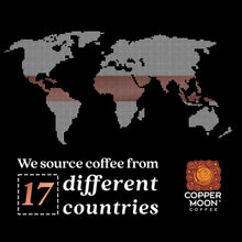 Coffee brand promotional graphic with world map and "17 different countries" text