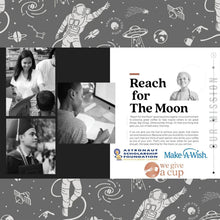 Reach for the Moon charity info collage with photos and logos