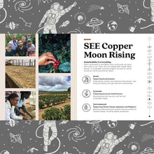 Copper Moon Coffee sustainability info panel with icons and community text