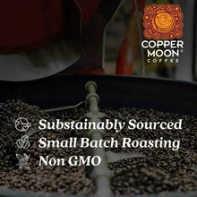 Coffee beans with Copper Moon Coffee logo and small-batch roasting text