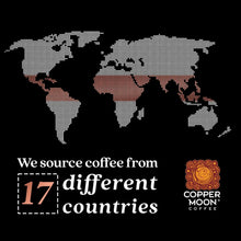 Coffee discovery pack label with world map and 17 countries text