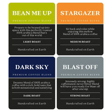 Coffee roast variety cards for Bean Me Up, Stargazer, Dark Sky, Blast Off