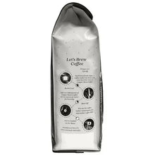 Whole bean coffee bag with brewing guide, dark icons and text on light background