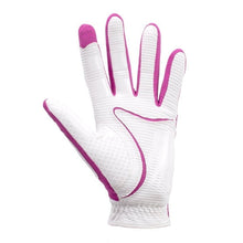 White golf glove palm with textured grip panels and pink trim